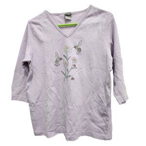 Exquisite Design Womens Hummingbird Top Medium Lavender Embellished 3/4 Sleeve